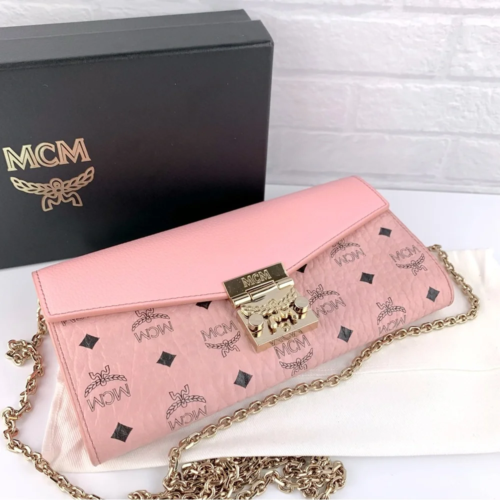 NEW! MCM Visetos Pink Diamond Pattern Tracy Wallet Chain Crossbody Bag $550 - Picture 5 of 16